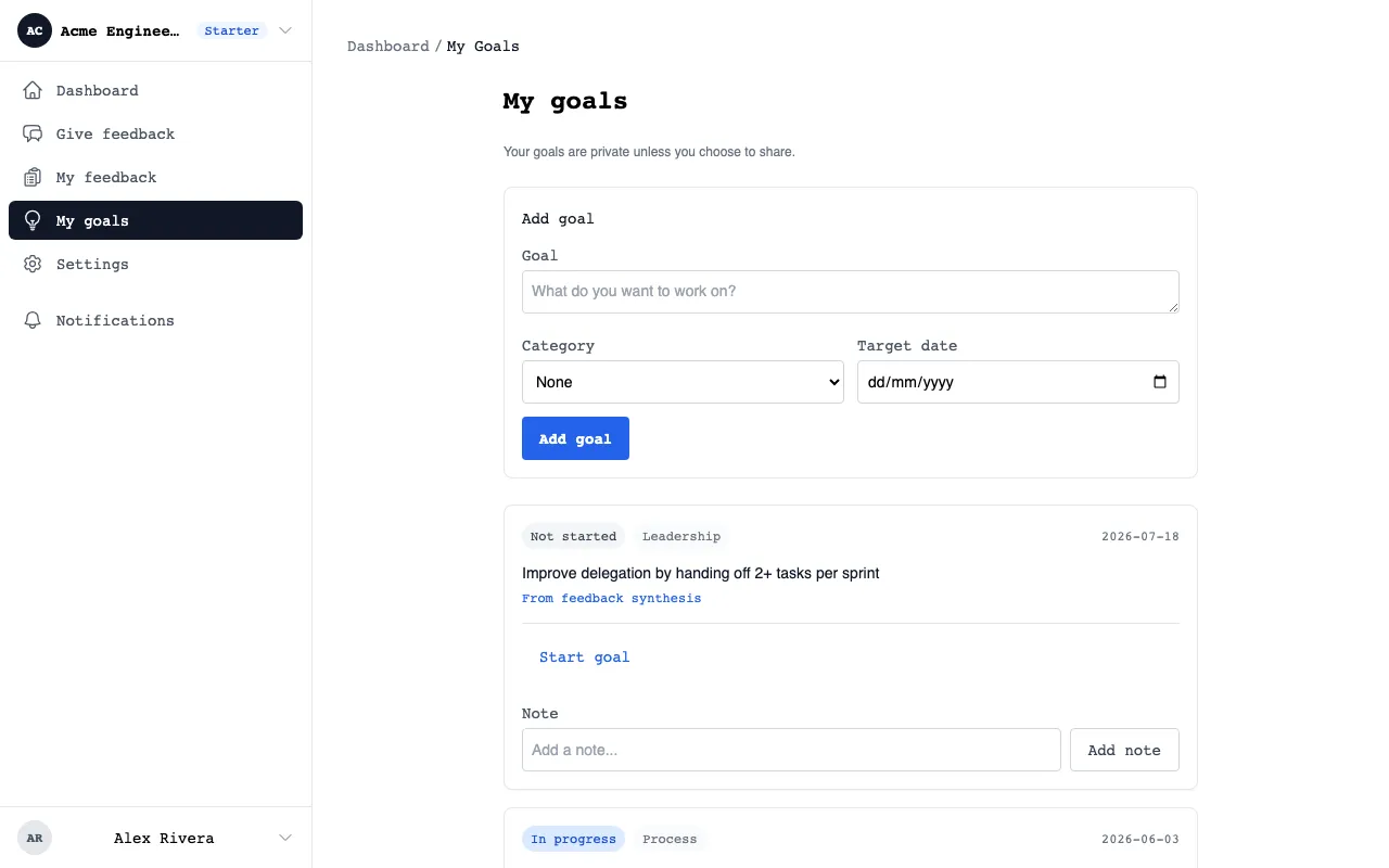 Goals page showing three goals from feedback synthesis in complete, in progress, and not started states with category labels