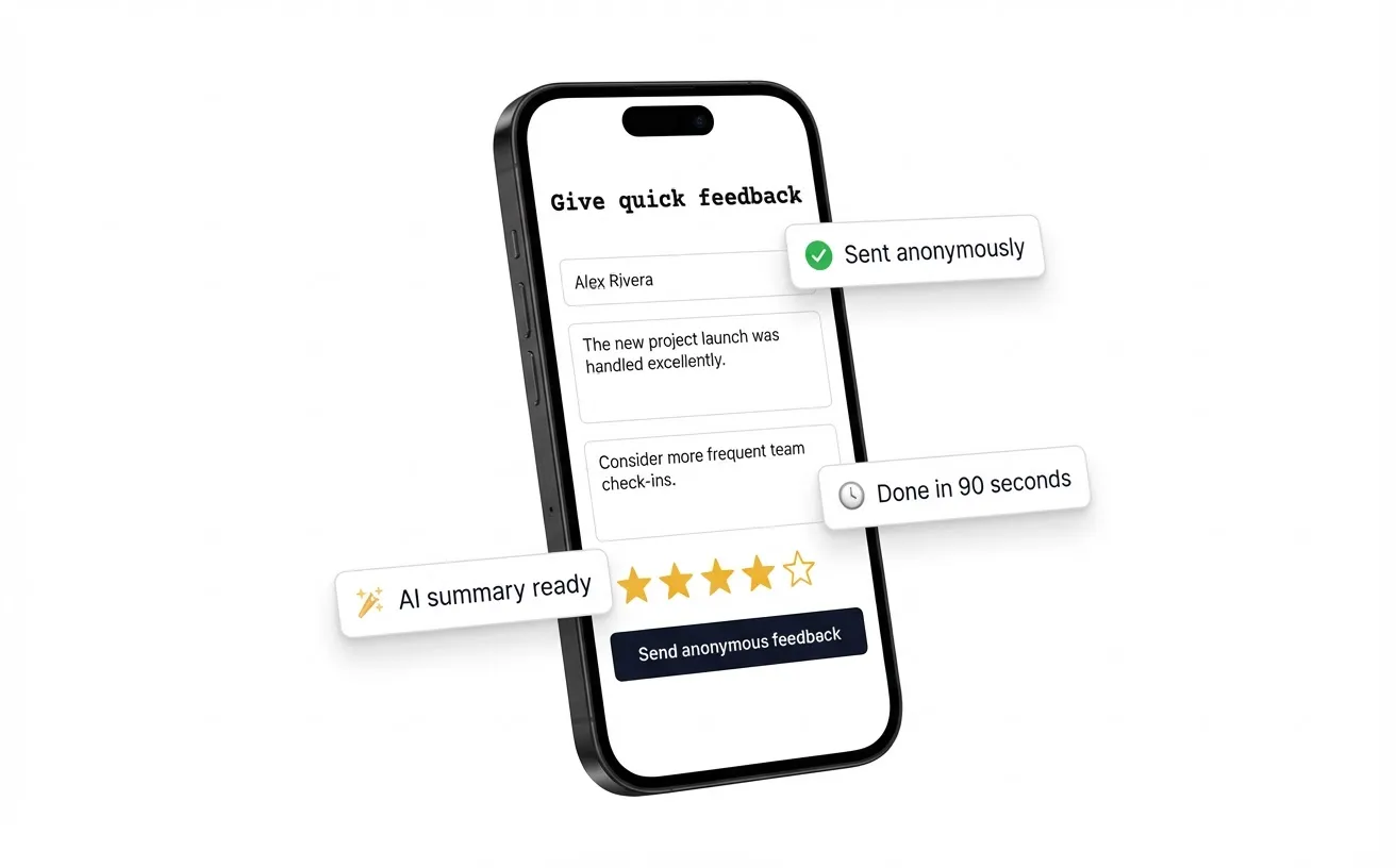 Phone showing quick feedback form with floating notification cards