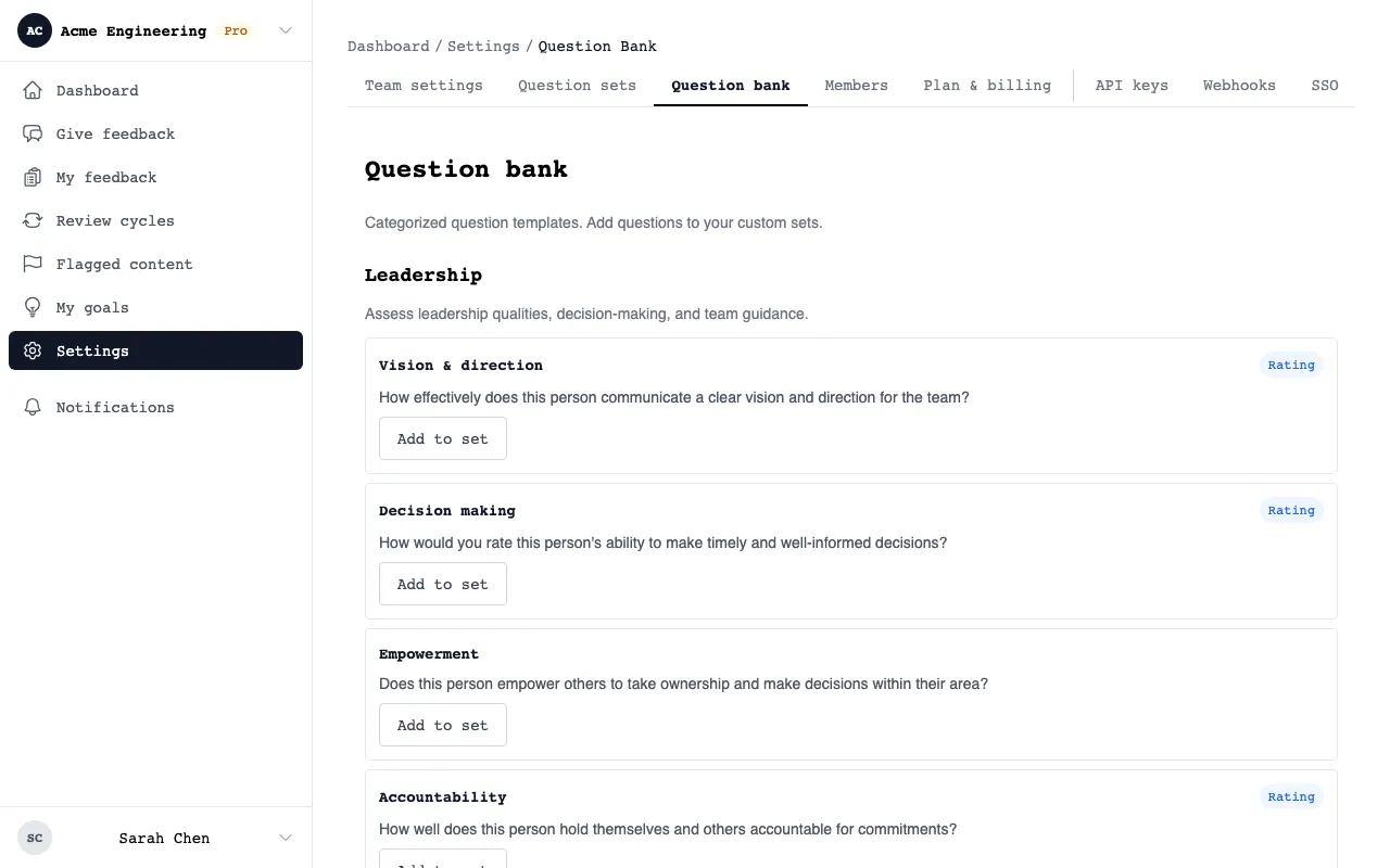 Question bank page showing Leadership category with four question templates including Vision and direction, Decision making, Empowerment, and Accountability