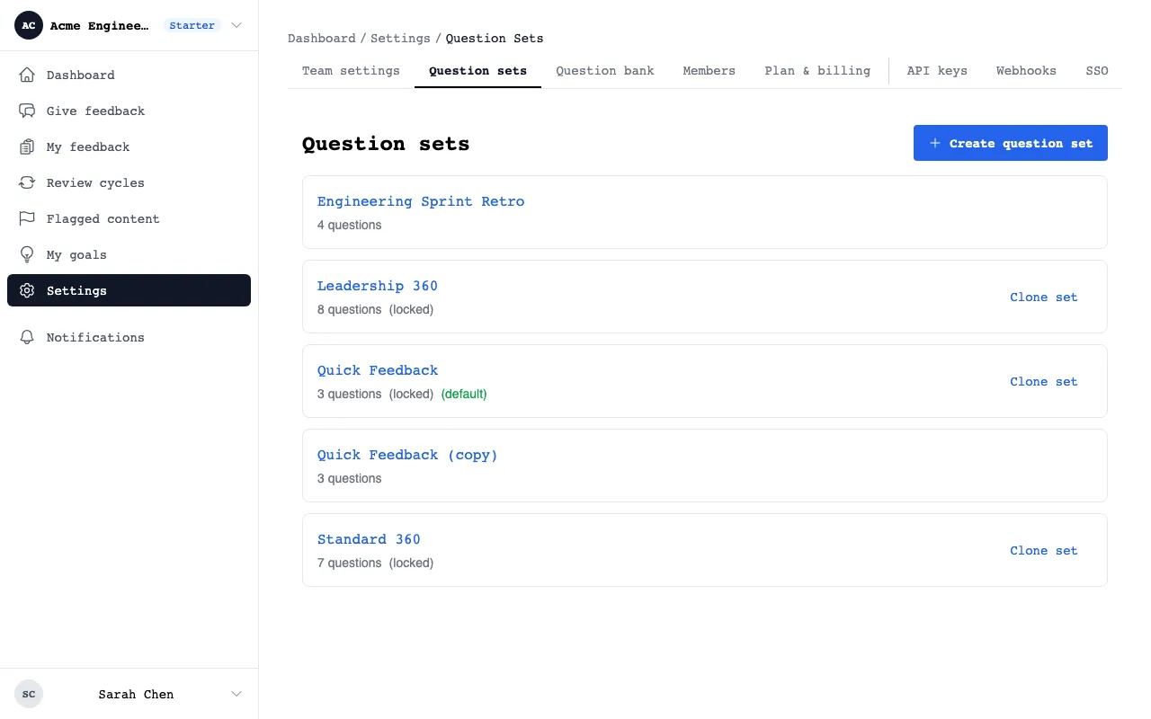 Question sets page showing three curated defaults and a custom set with question counts