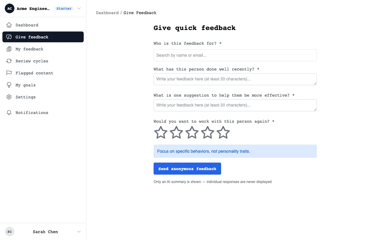 Quick feedback form with recipient search, text questions, star rating, and behavioral guidance banner