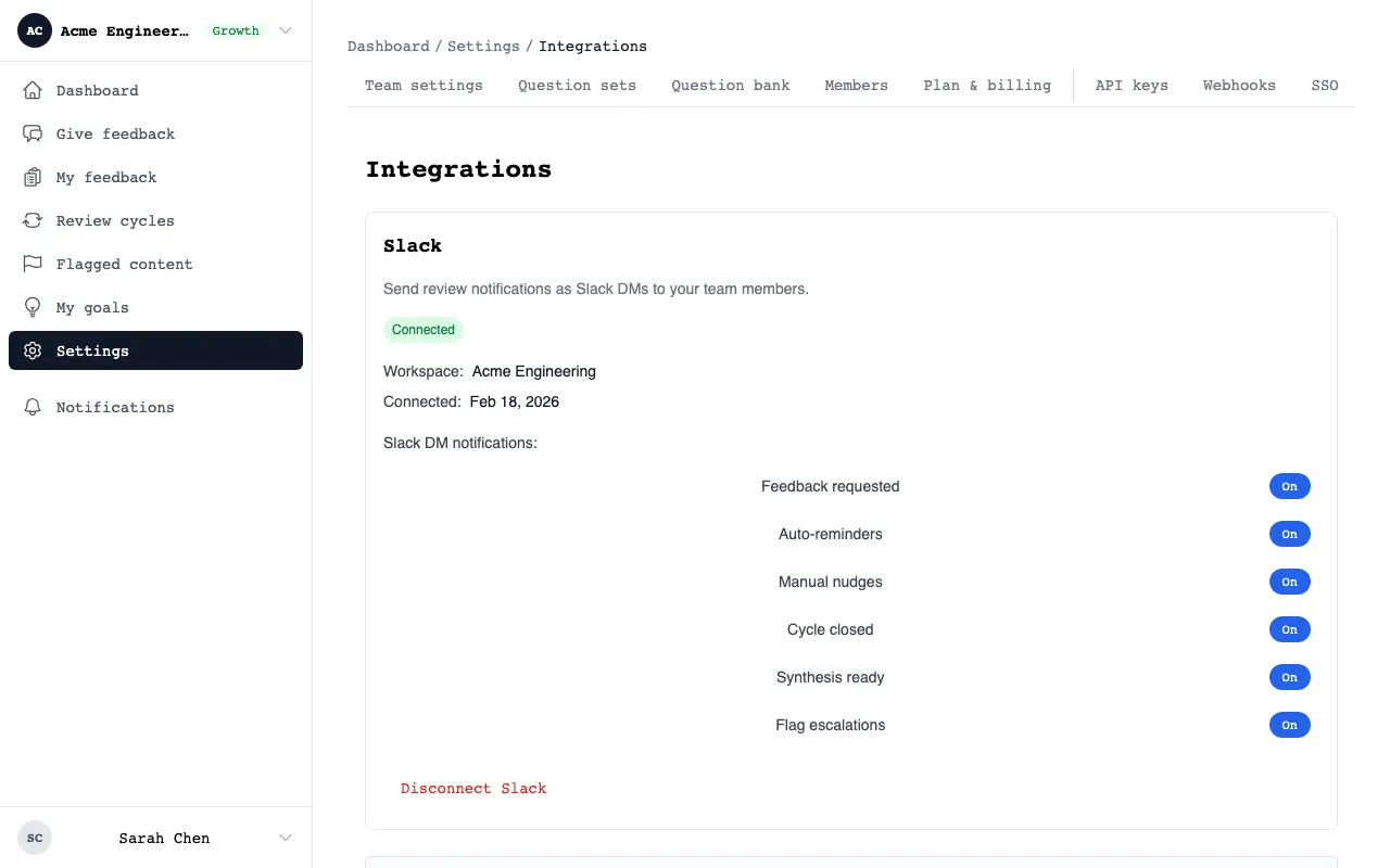 Integrations settings showing Slack connected with DM notification toggles and directory sync option